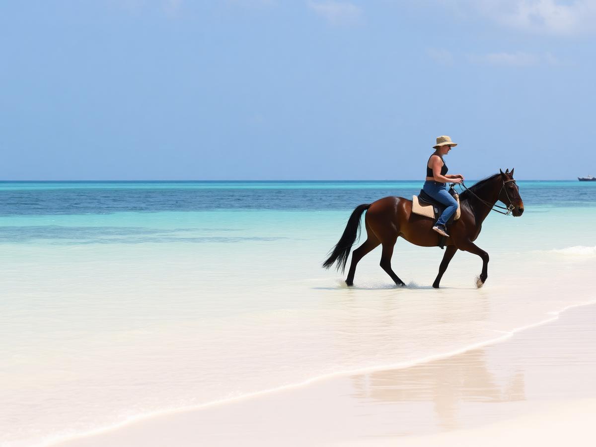 Beach horse riding in Paje, Zanzibar — horse walking through shallow water at low tide