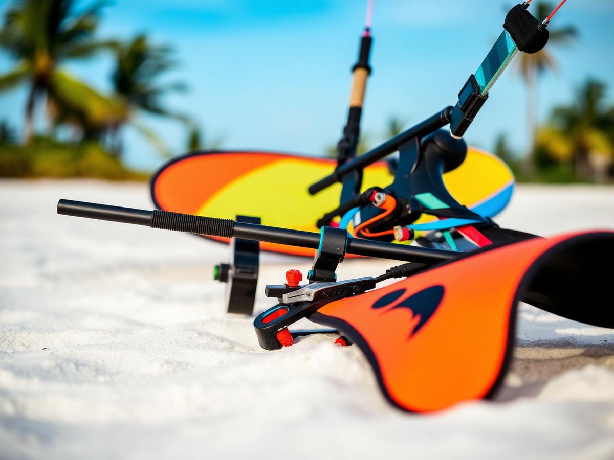 Kitesurfing in Paje, Zanzibar — control bar, harness and board on white sand