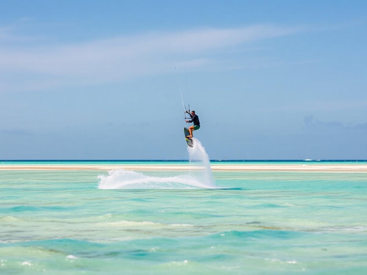 Kitesurfing in Paje, Zanzibar — rider jumping above flat lagoon water