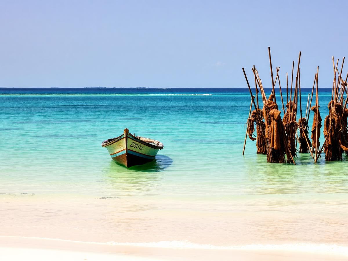 Paje, Zanzibar — dhow boat and seaweed farm poles in the shallow lagoon near the village