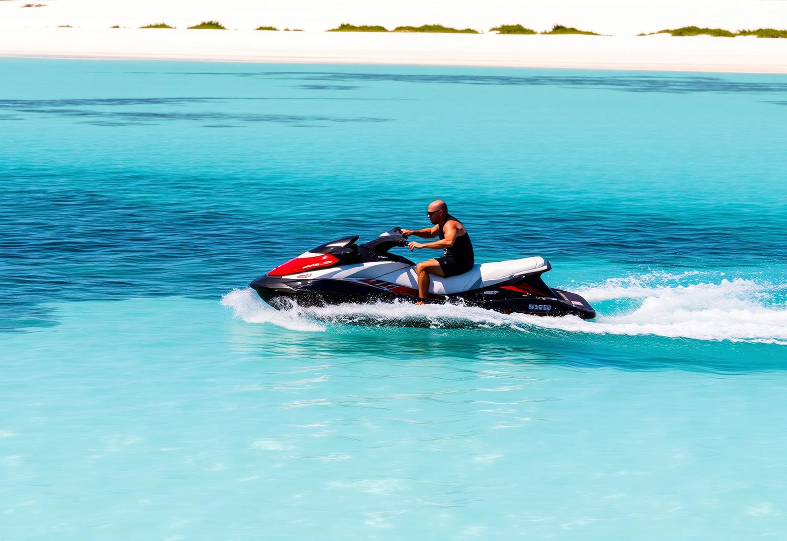 Jet ski in Paje, Zanzibar — rider crossing the turquoise lagoon at speed