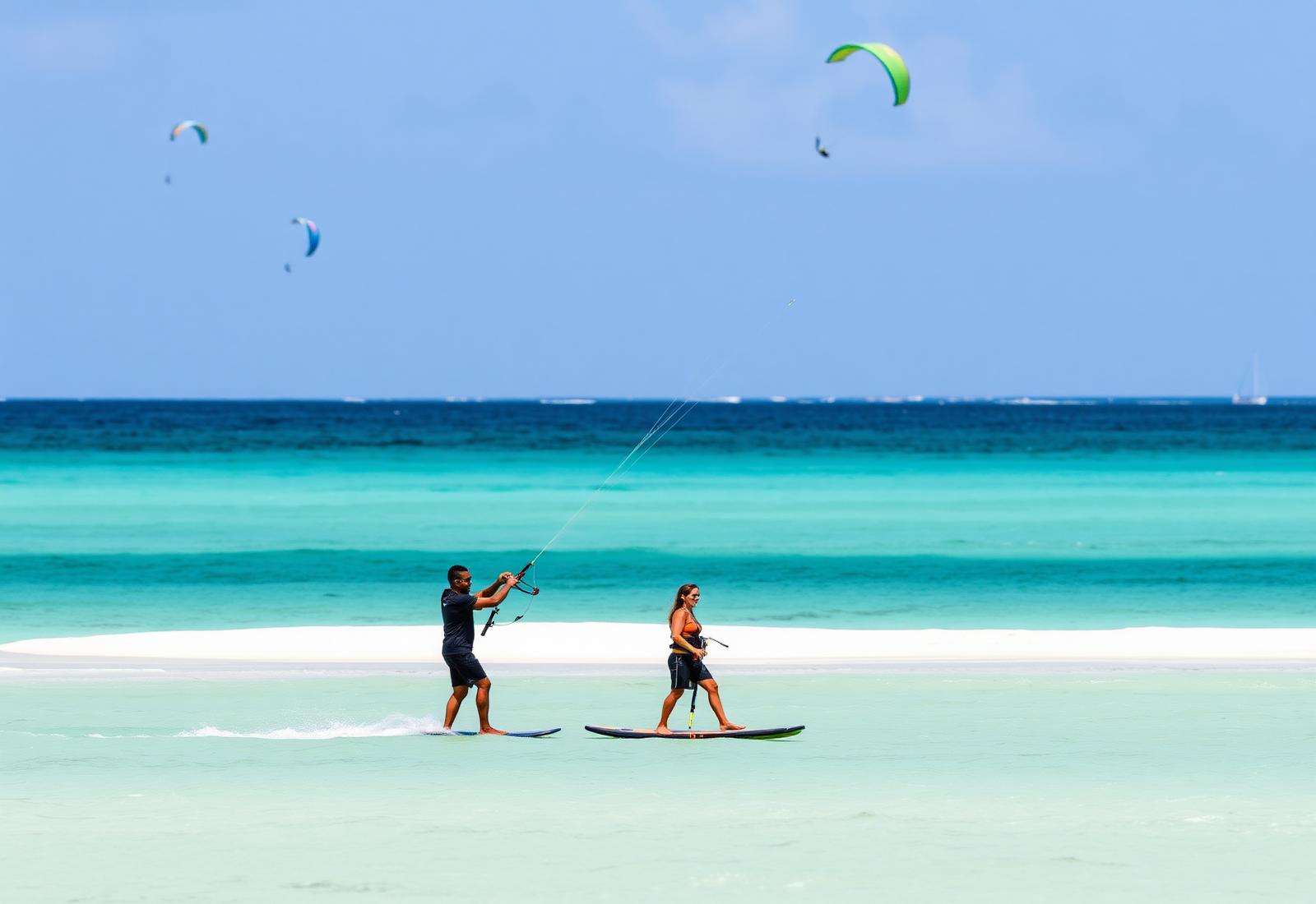 Kitesurfing in Paje, Zanzibar — instructor and student riding the flat lagoon beside the sandbar